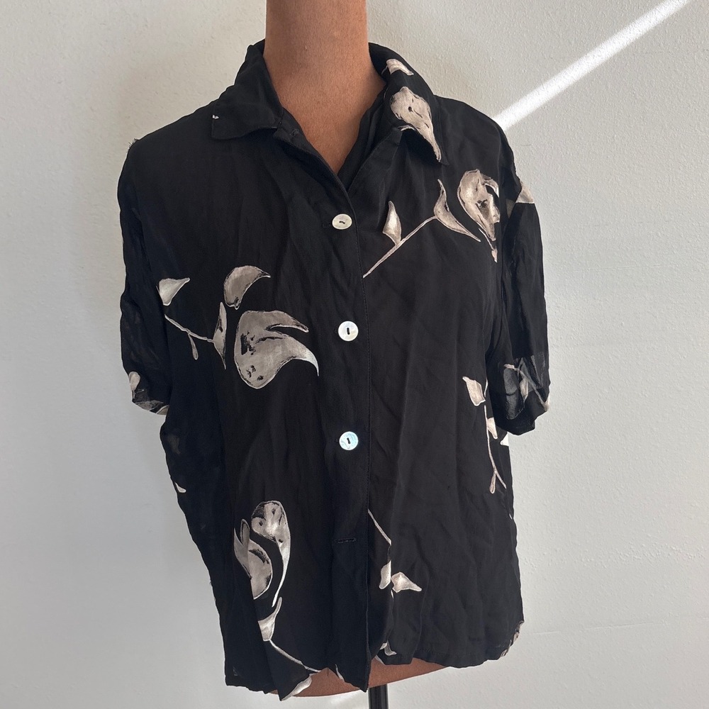 ELYSE HART LTD Black Floral‎ Button Up Short Sleeve Shirt Top Womens Size S